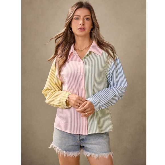 Multicolor Striped Casual Button Down Shirt (Blue, Green, Yellow, Pink - Picture 3 of 9